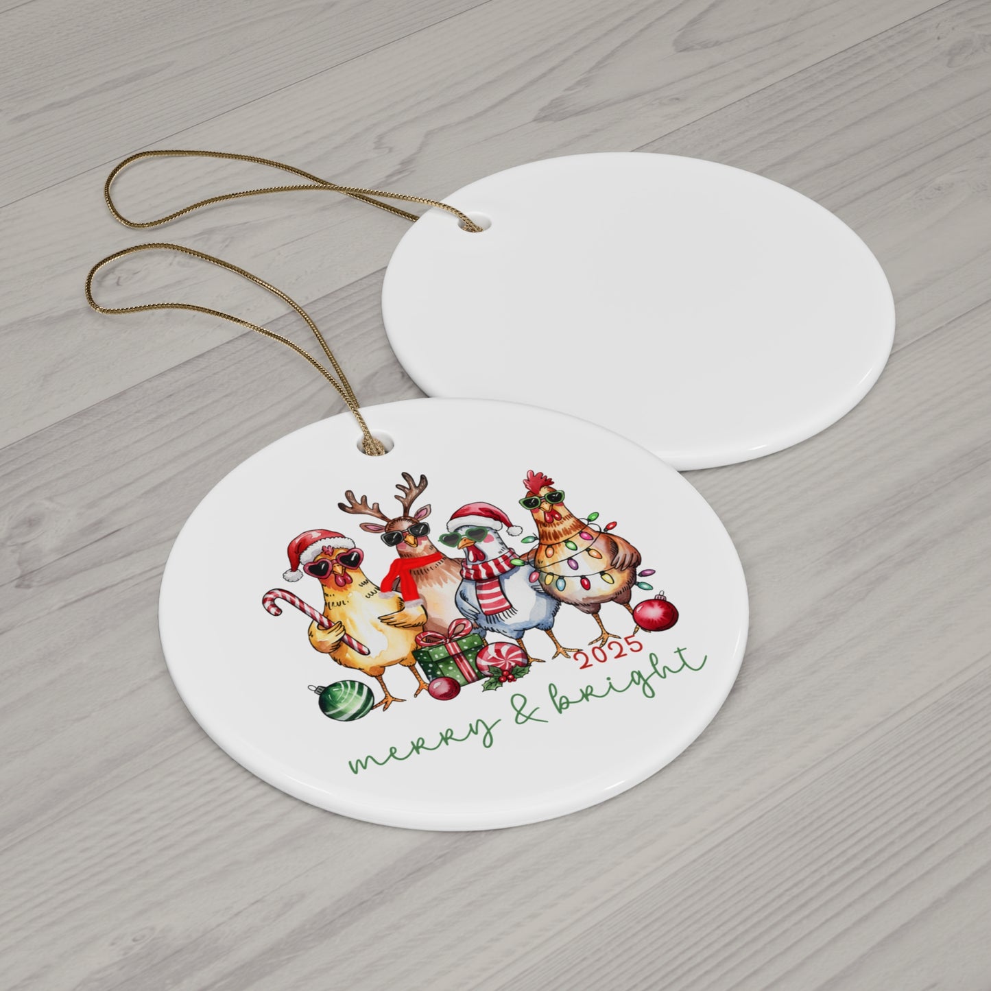 Merry & Bright Christmas Chickens Ceramic Ornament