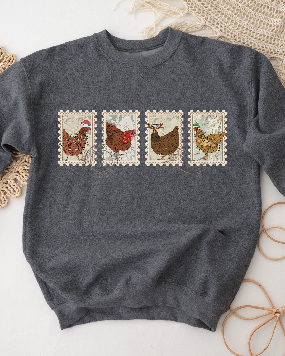 Vintage Christmas Chicken Stamps Sweatshirt