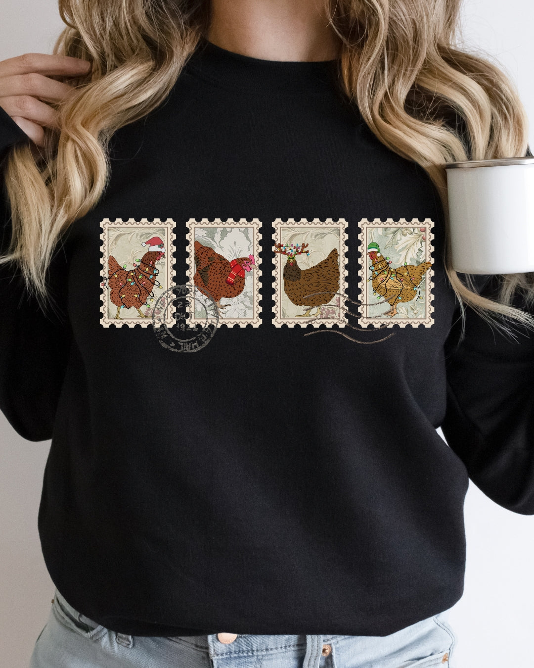 Vintage Christmas Chicken Stamps Sweatshirt