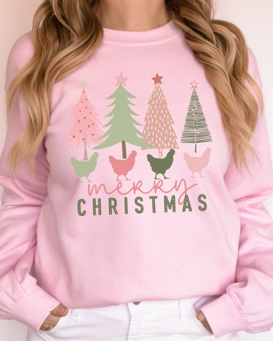 Pink Tree Christmas Chickens Sweatshirt