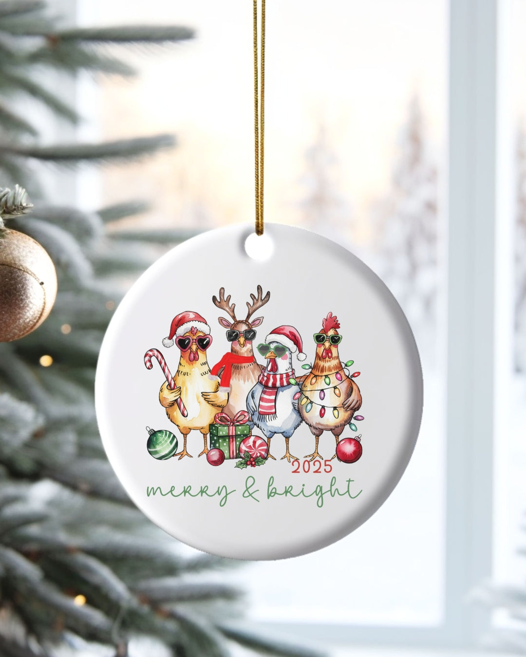 Merry & Bright Christmas Chickens Ceramic Ornament