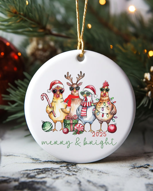 Merry & Bright Christmas Chickens Ceramic Ornament