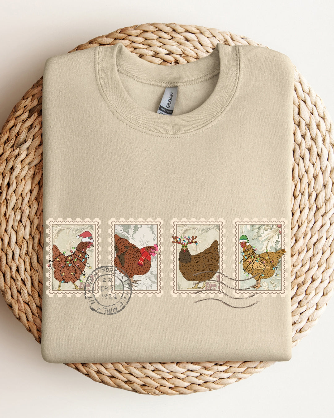 Vintage Christmas Chicken Stamps Sweatshirt