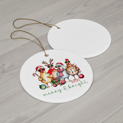 Merry & Bright Christmas Chickens Ceramic Ornament