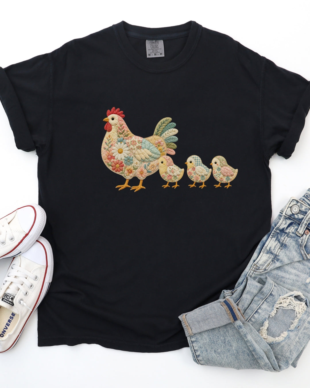 faux patchwork chicken shirt