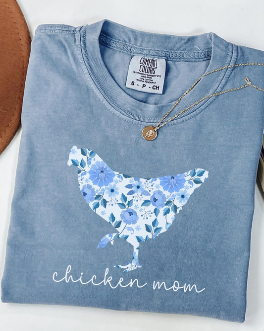 Blue Toile Chicken Mom Tee