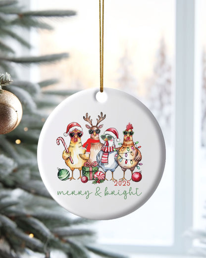 Merry & Bright Christmas Chickens Ceramic Ornament