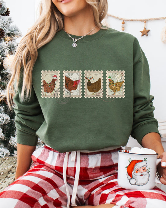 Vintage Christmas Chicken Stamps Sweatshirt