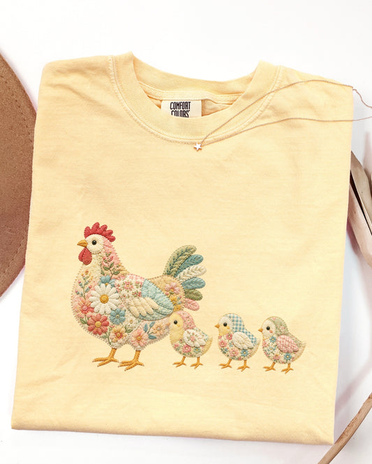 faux patchwork chicken shirt